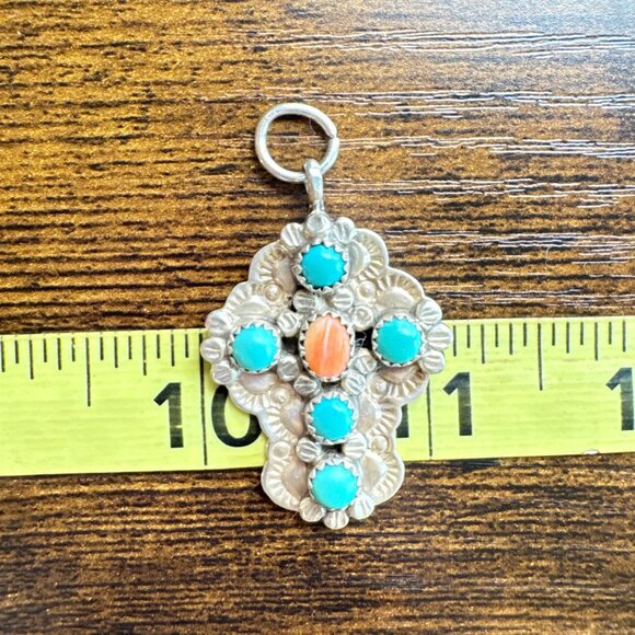VTG James Shay Navajo Turquoise Coral Concho Design Cross Sterling Silver 925 2" - Picture 8 of 11